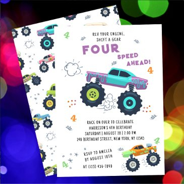 rev your engine 4th birthday monster car trucks invitation