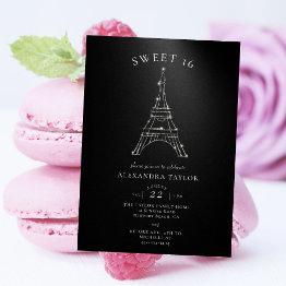 Small Rhinestones Eiffel Paris Black Minimal Sweet 16 Invitation Front View