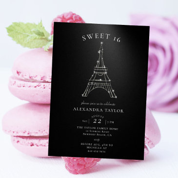 rhinestones eiffel paris black minimal sweet 16 invitation