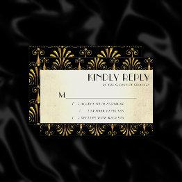Small Roarin 20s Decadence | Gold Black Modern Art Deco Rsvp Invitations Front View