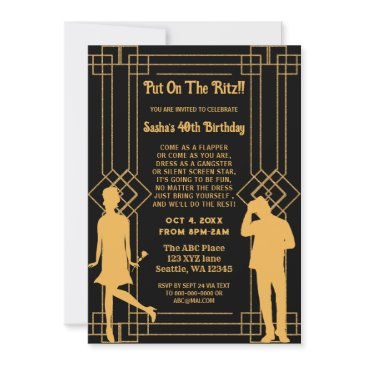 roaring 20s art deco flapper girl and gangster invitation