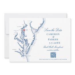 Small Rock Hall Maryland Wedding Elegant Navy Qr Code Save The Date Front View