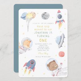 Small Rocket Astronaut Outer Space Baby Birthday Invitation Front View