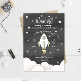 Small Rocket Ship + Stars Neutral Birthday Party Invitation Front View