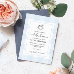 Small Rocking Horse Blue Gingham Baby Shower Invitation Front View
