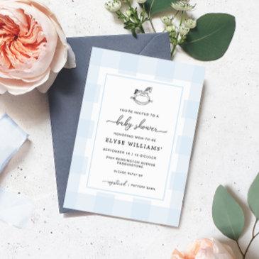 rocking horse blue gingham baby shower invitation