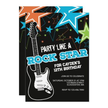rockstar blue orange guitar birthday invitation