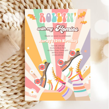 roller skate skating retro groovy birthday party invitation