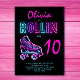 Small Roller Skating Party Girls Neon Glow Birthday Invitation Front View