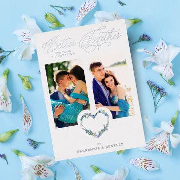 romantic blue shades real silver floral heart foil invitation