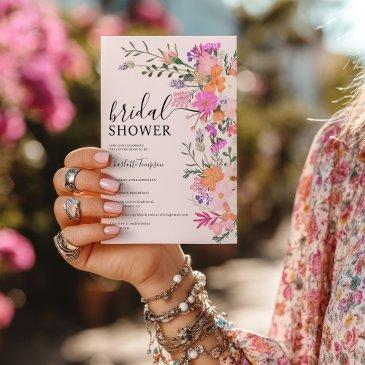 romantic boho pink wildflower garden bridal shower invitation