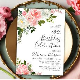 Small Romantic Botanical Blush Rose Floral 85th Birthday Invitation Front View