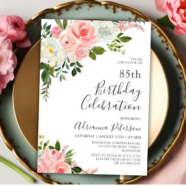 romantic botanical blush rose floral 85th birthday invitation