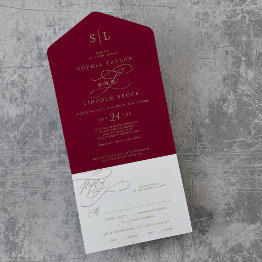 Small Romantic Burgundy Calligraphy Monogram Wedding All All In One Invitation Front View