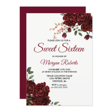 romantic burgundy red rose floral sweet 16 invite