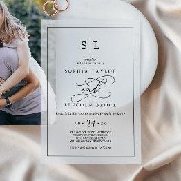 Small Romantic Calligraphy Minimalist Monogram Wedding Vellum Invitations Front View