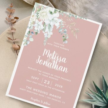 romantic floral white flowers pink classic wedding invitation