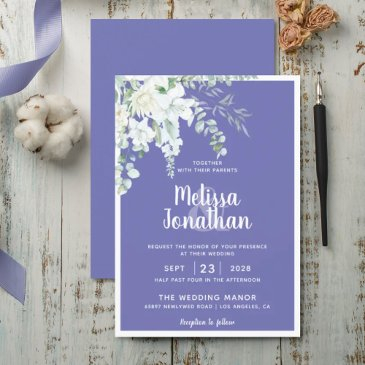 romantic floral white gentle flower purple wedding invitation