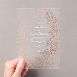 Small Romantic Flower Roes Gold Wreath Wedding Acrylic Invitations Front View