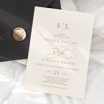 romantic gold calligraphy | ivory monogram wedding invitation