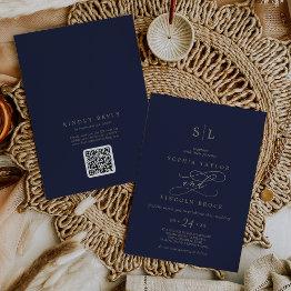 Small Romantic Gold Navy Monogram Qr Code Back Wedding Invitation Front View