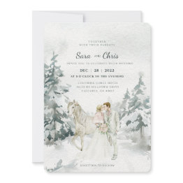 Small Romantic Snowy Winter Forest With Bride And Groom Invitation Front View