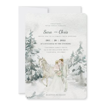 romantic snowy winter forest with bride and groom invitation