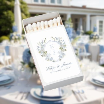 romantic soft blue monogram crest wedding matchboxes