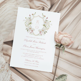 Small Romantic Soft Blush White Monogram Crest Wedding Invitation Front View