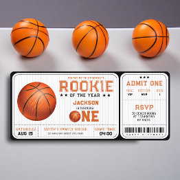 Small Rookie Of The Year 1st Birthday Basketball Ticket Invitation Front View