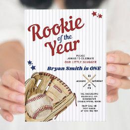 Small Rookie Of The Year Baseball Boy First Birthday Invitation Front View