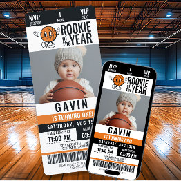 Small Rookie Of The Year Basketball Photo Birthday Invitation Front View