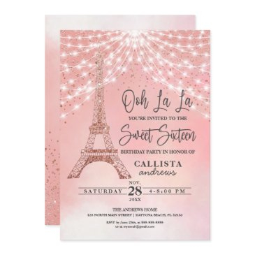 rose eiffel tower glitter sparkles lights sweet 16 invitation