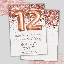 Small Rose Gold 12th Birthday Party Invitation Front View