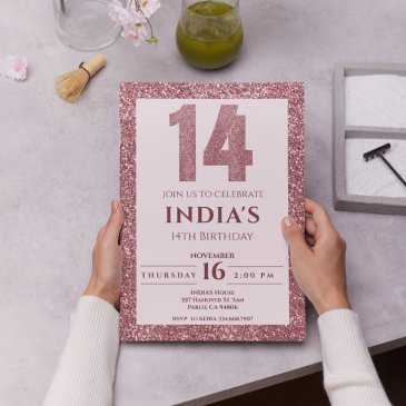 rose gold 14th birthday invitation