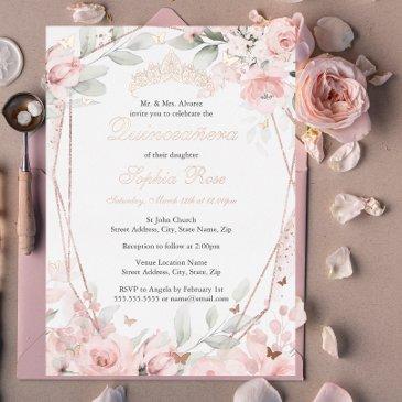 rose gold blush pink floral butterfly quinceanera foil invitation