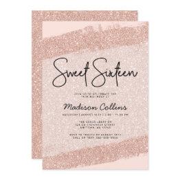 Small Rose Gold Brush Glitter Sweet 16 Invitation Front View