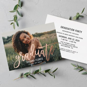 rose gold brushed script photo graduation party foil invitation