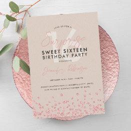 Small Rose Gold Champagne Glitter Surprise Sweet 16 Invitation Front View