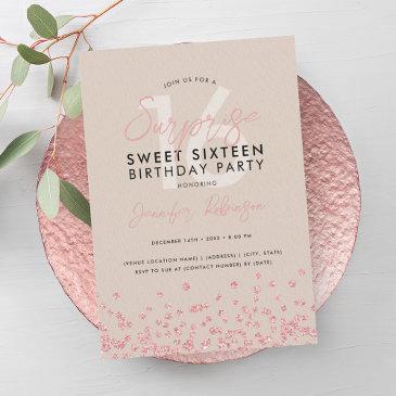 rose gold champagne glitter surprise sweet 16 invitation