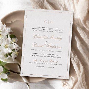 rose gold classic elegance script monogram wedding foil invitation