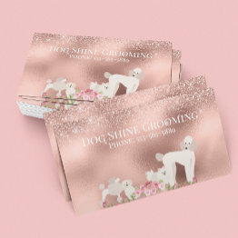 Small Rose Gold Dog Grooming Glitter Pet Services Business Invitations Front View