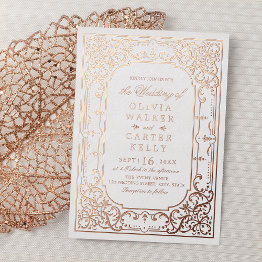 Small Rose Gold Elegant Ornate Romantic Vintage Wedding Foil Invitation Front View