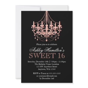 rose gold faux glitter chandelier sweet 16 invitation