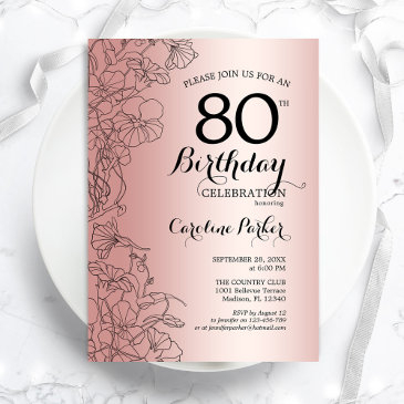 rose gold floral 80th birthday party invitation