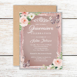 Small Rose Gold Floral Butterfly Sparkle Quinceanera Invitation Front View