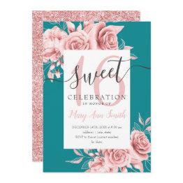 Small Rose Gold Floral & Glitter Sweet 16 Script Teal Invitation Front View