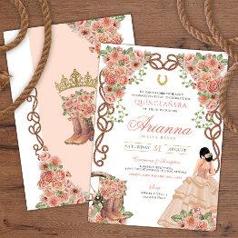 Small Rose Gold Floral Western Charra Quinceañera Invitation Front View