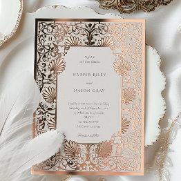 Small Rose Gold Foil Cream Art Nouveau Wedding Foil Invitation Front View