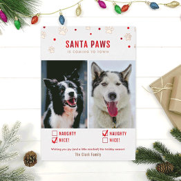 Small Rose Gold Foil Naughty Or Nice Two Dog Photo Invitations Front View